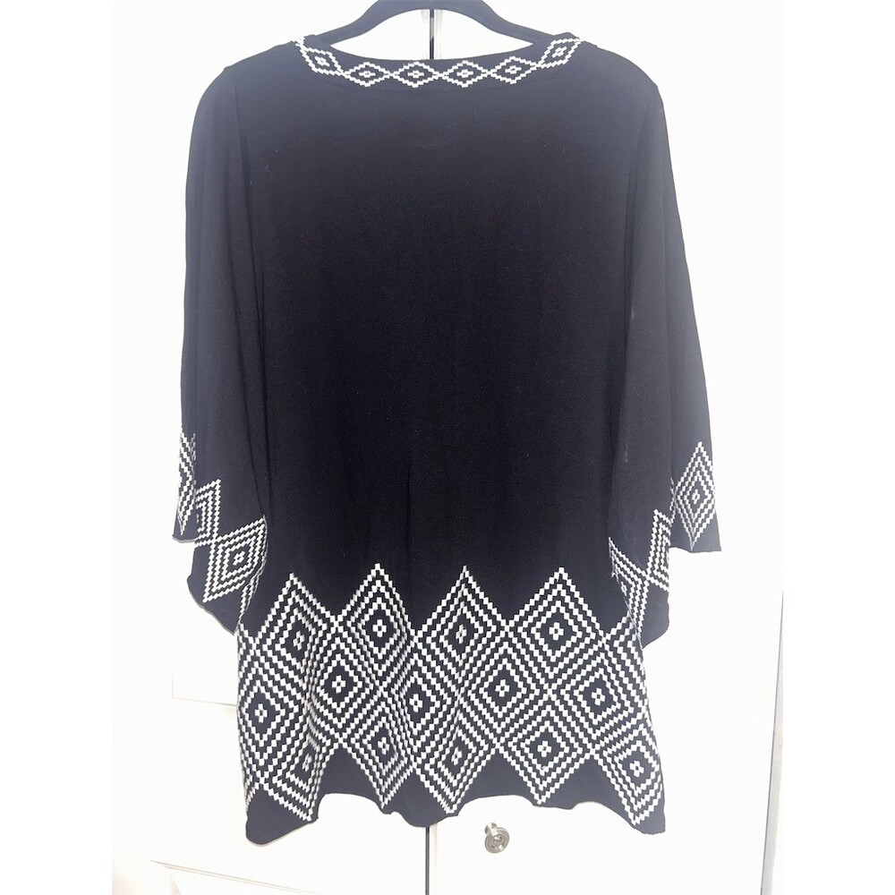 BCBGMAXAZRIA Tunic Top Womens XL Black White Geometric Embroidered V-Neck - Picture 7 of 8